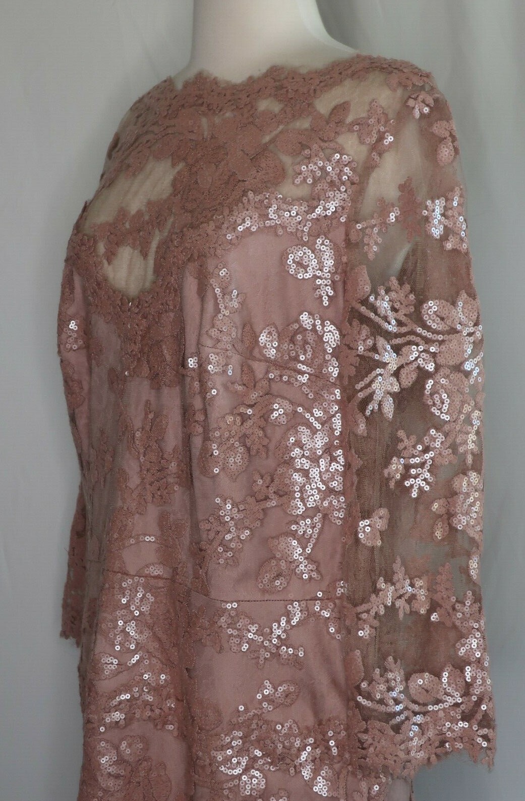 Tadashi Shoji Rose Pink Sequin Lace Floral Sheer Evening Cocktail Dress Sz 16