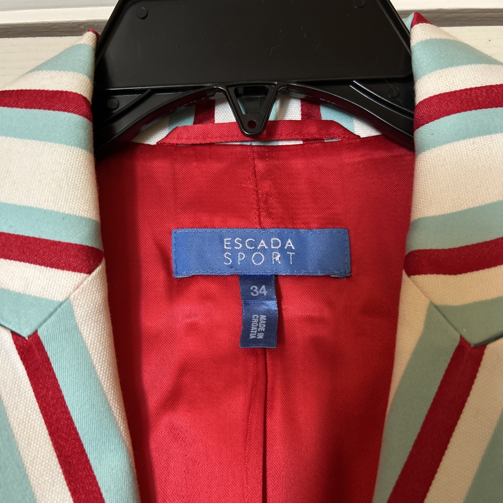 Vintage Escada Womens Sport Jacket Blazer Aqua Blue Red White Striped 34
