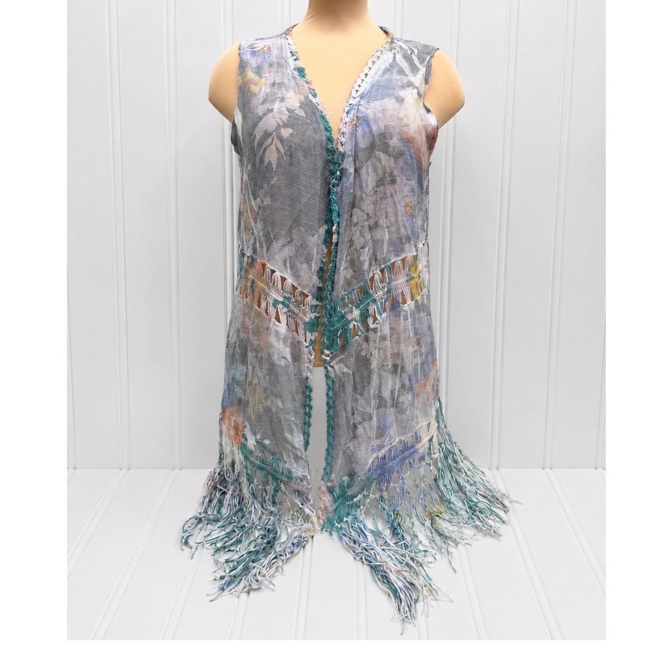 Lapis Floral Fringe Vest Womens Medium Blue Crochet Boho Festival Layering Swim
