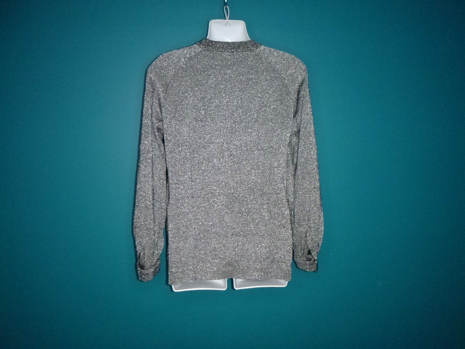 Vtg LeRoy Knitwear Black Silver Lurex Metallic Threads Long Sleeve Sweater Sz M