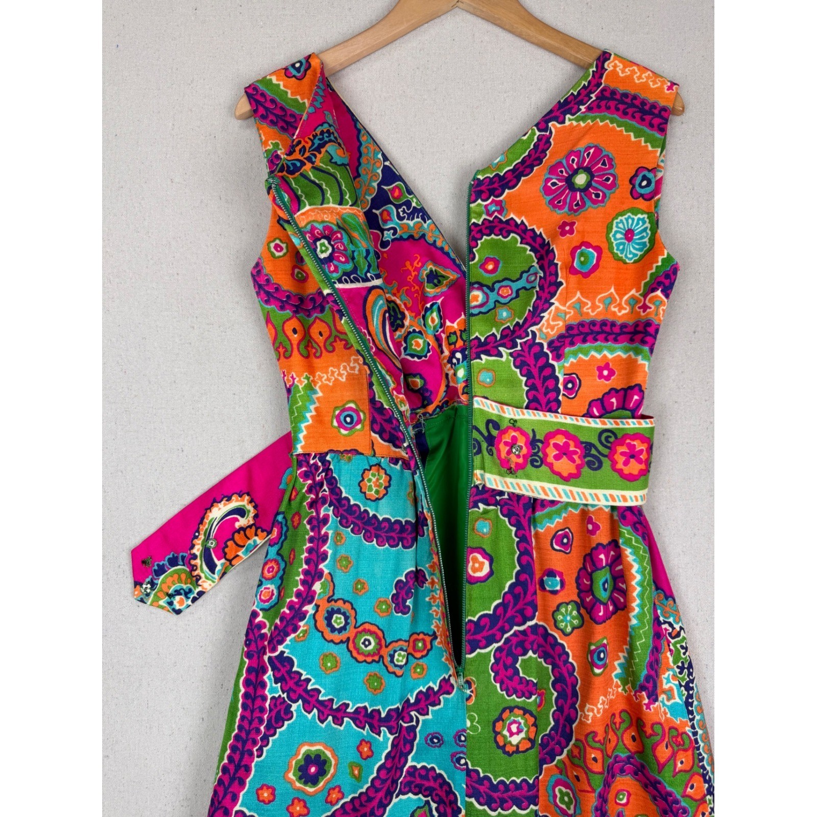 VTG Psychedelic Paisley Floral Maxi Dress Pink Orange Green Garden Party Boho