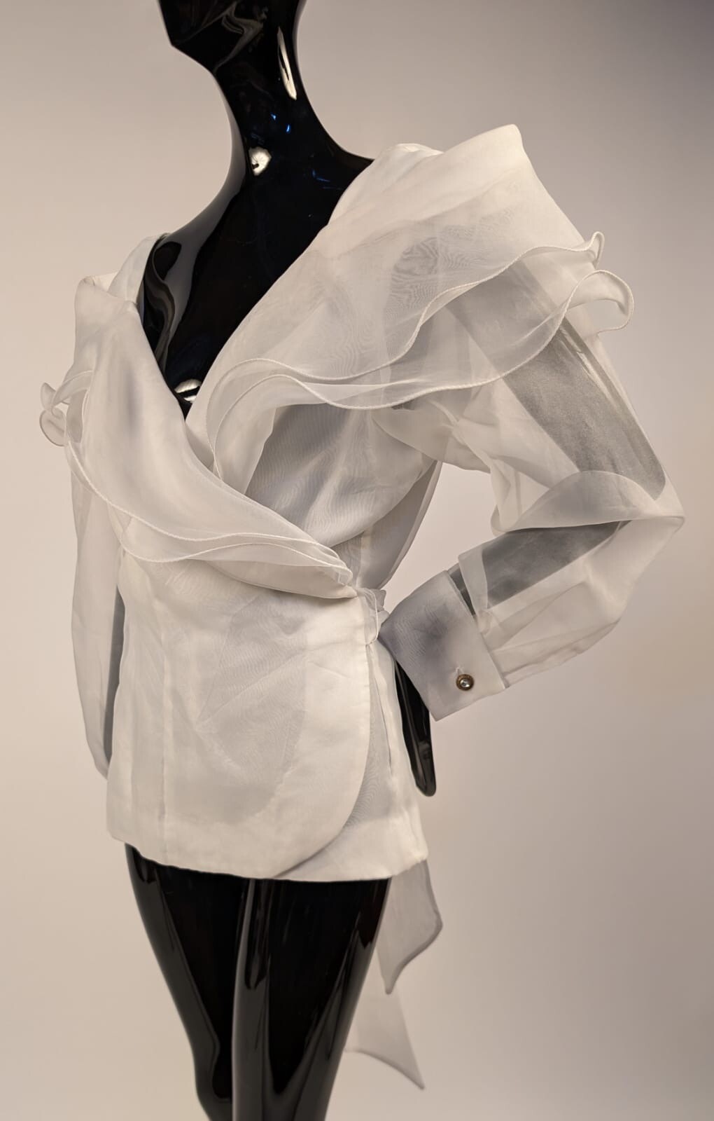 VINTAGE 1990’S SHEER WHITE ORGANZA RUFFLED WRAP JACKET W LONG TIES BY 