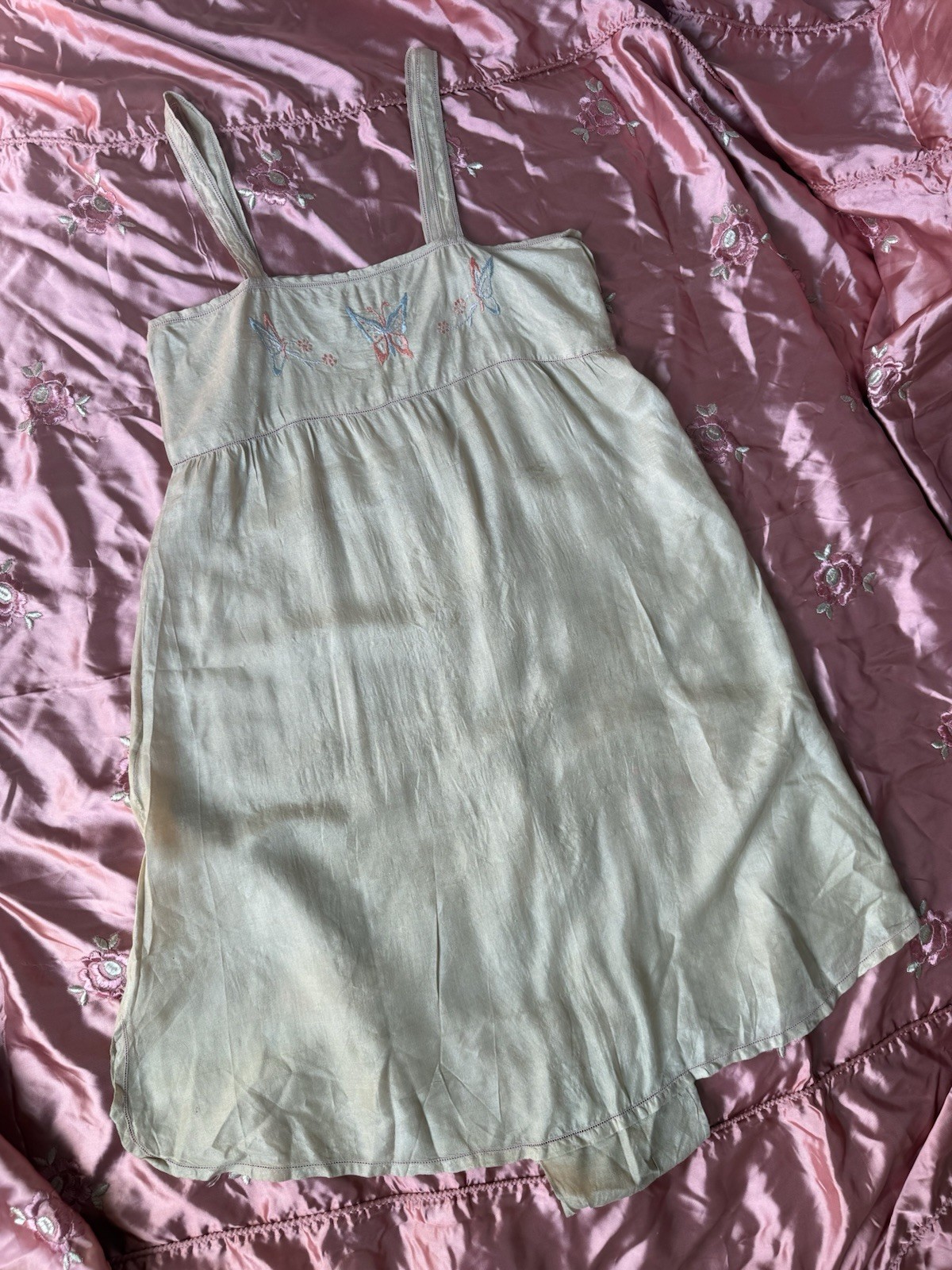 Antique 1920’s Pongee Slip Step-in Butterfly Embroidery Chemise Écru Silk Set