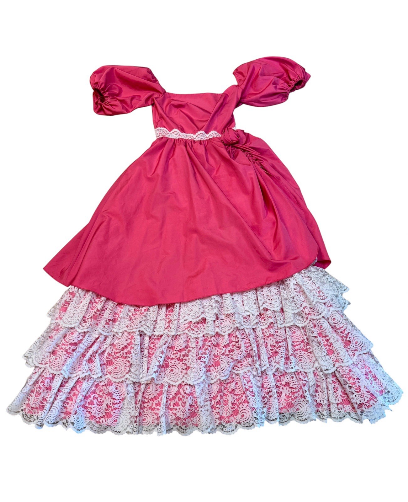 VTG 80s Off The Shoulder Puff Sleeve Lace Ruffle Southern Belle Prairie Dress S