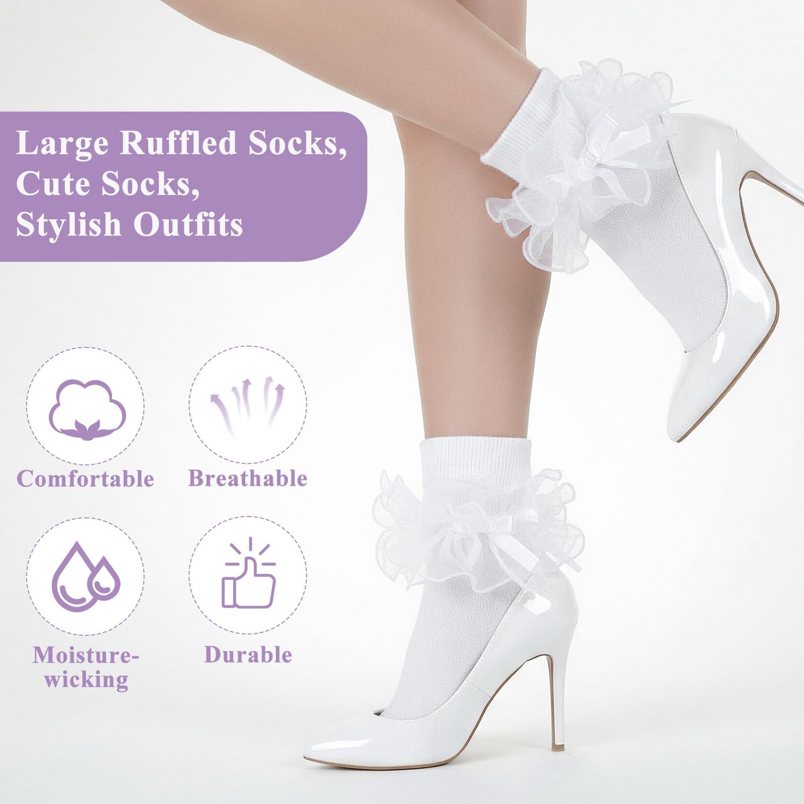 Bremorou 3 Pairs Women’s Big Ruffle Socks Double One Size, White, Black, Red