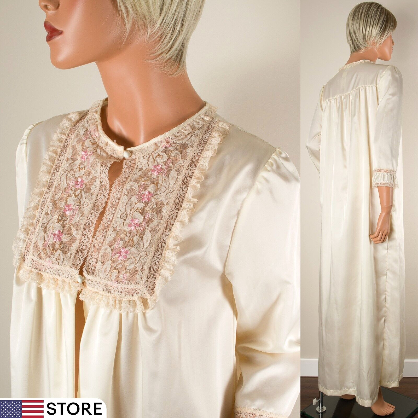 💖BARBIZON Ivory Cream Maxi Robe Nightgown Soft Silky Nylon Embroidered Lace M