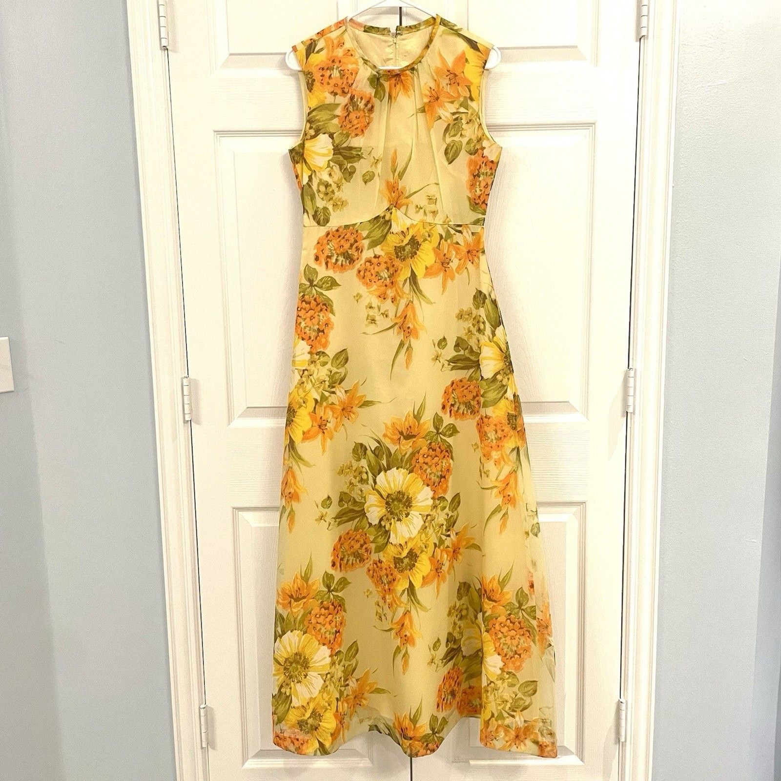 60s Vintage Yellow Floral Gown Sleeveless Maxi A-Line Dress Empire Waist Sz S/M