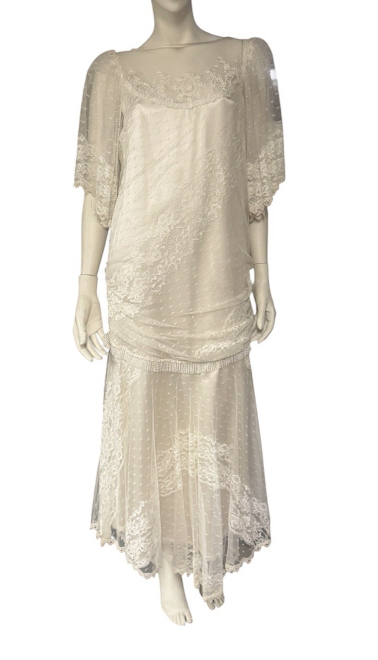 Vintage 80s Lorrie Kabala Lace Dress Bell Sleeve Boho Bridal New Size S M 8 Prom
