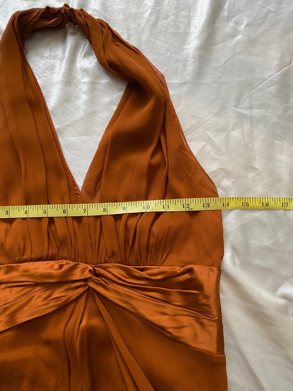 Vintage 100% Silk Burnt Orange Rust Halter Neck Chiffon Dress Boho Formal 6