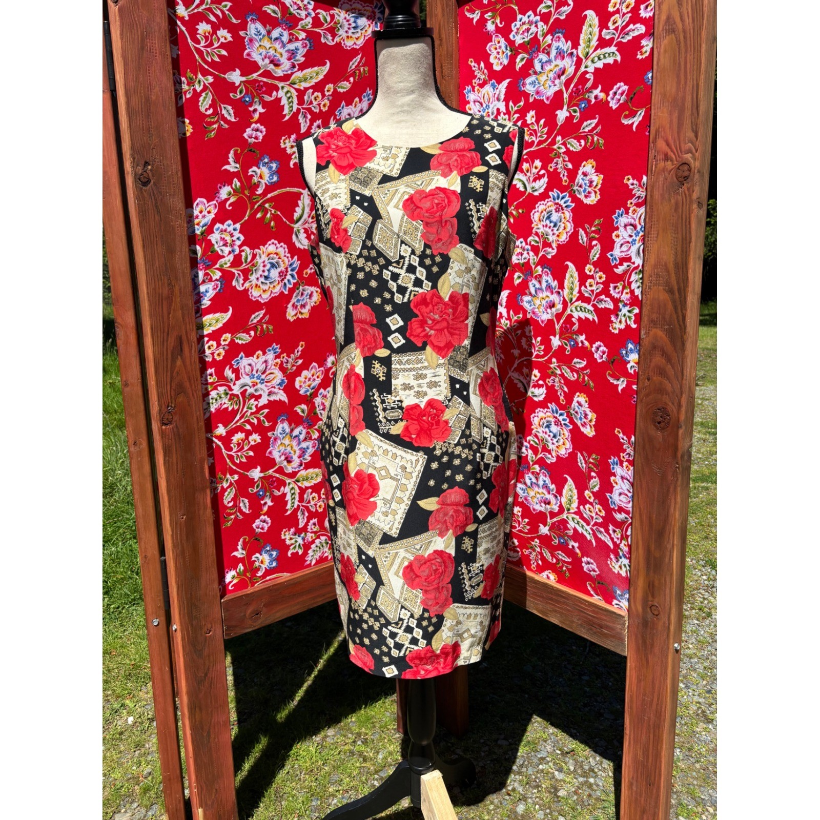 100% Silk Vintage Red Black Patchwork Print Boho Chic Euro Summer Dress Size S-M