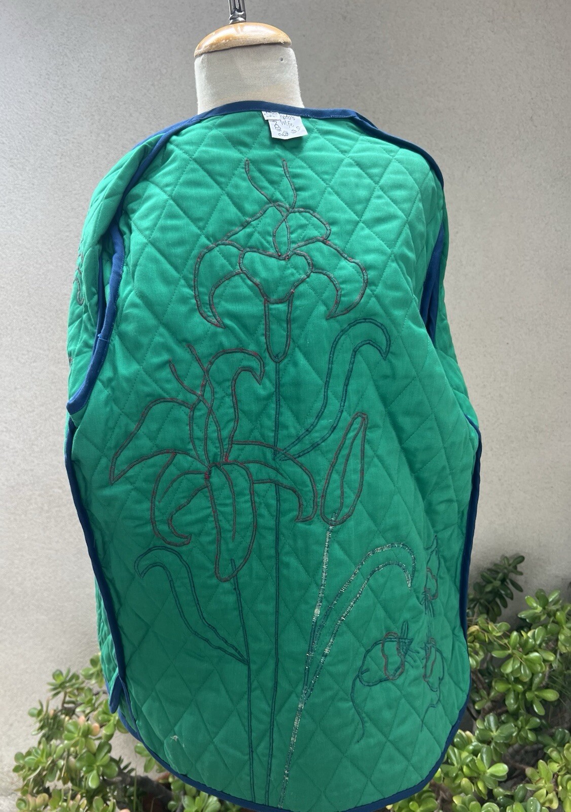 Vtg Quilted Boho Jacket Green With Floral Accents Sz M Alfredo’s Wife