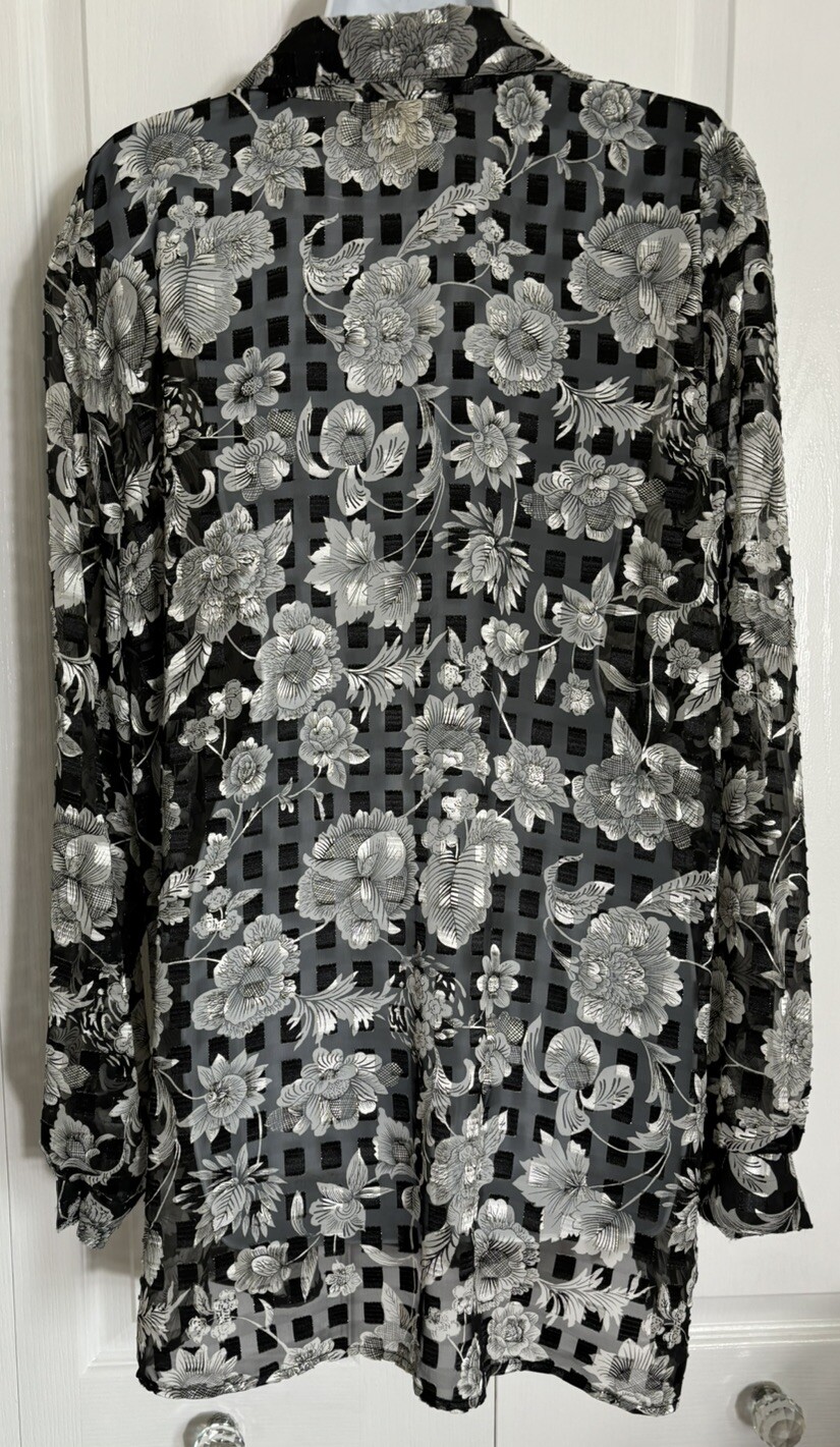 Vtg Y2K Ashley Stewart Black Floral Long Sleeve Button Up Blouse Top Sz 16