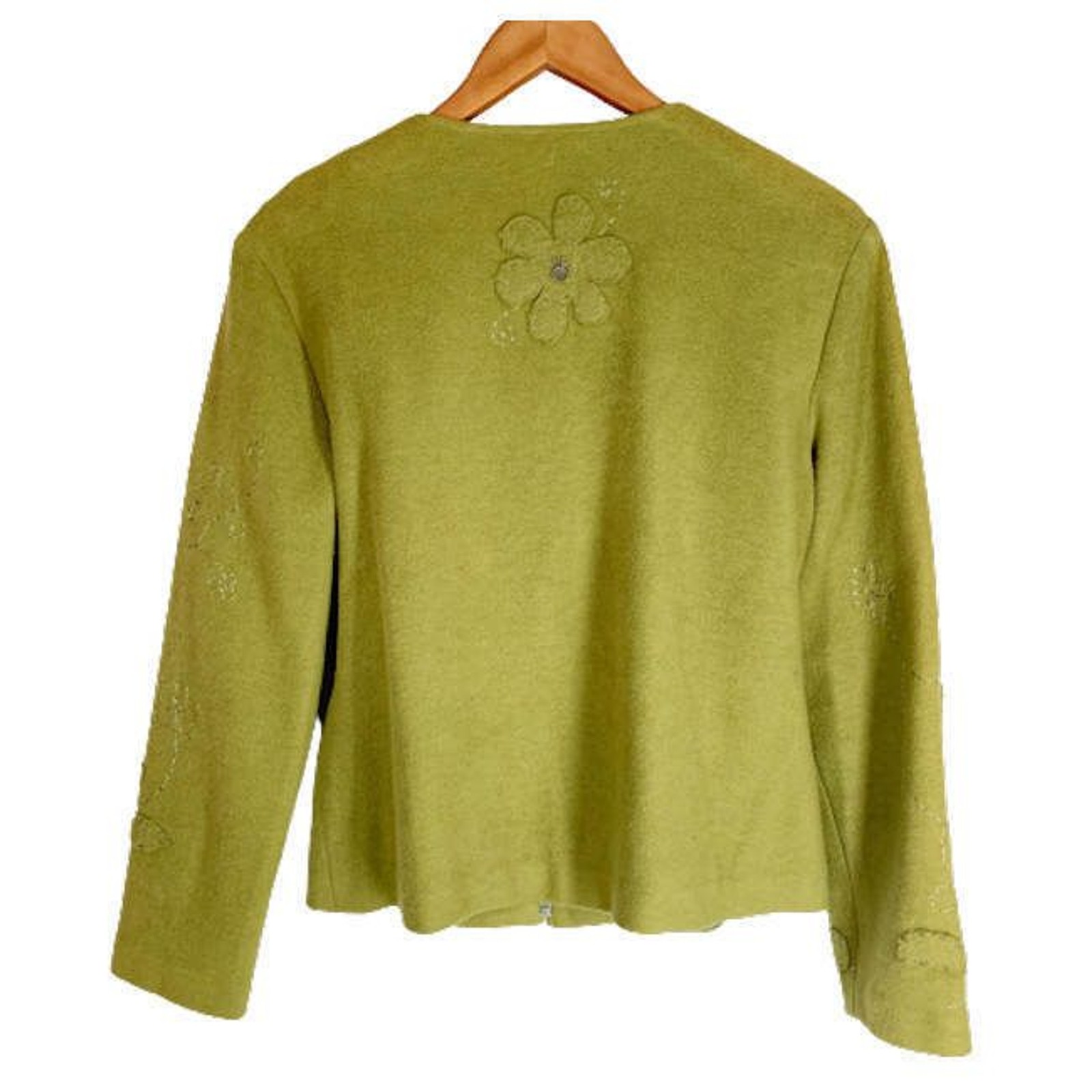 Vintage 70s Boho Jacket 6 Olive Green Cotton Applique Flowers Classy Hippie