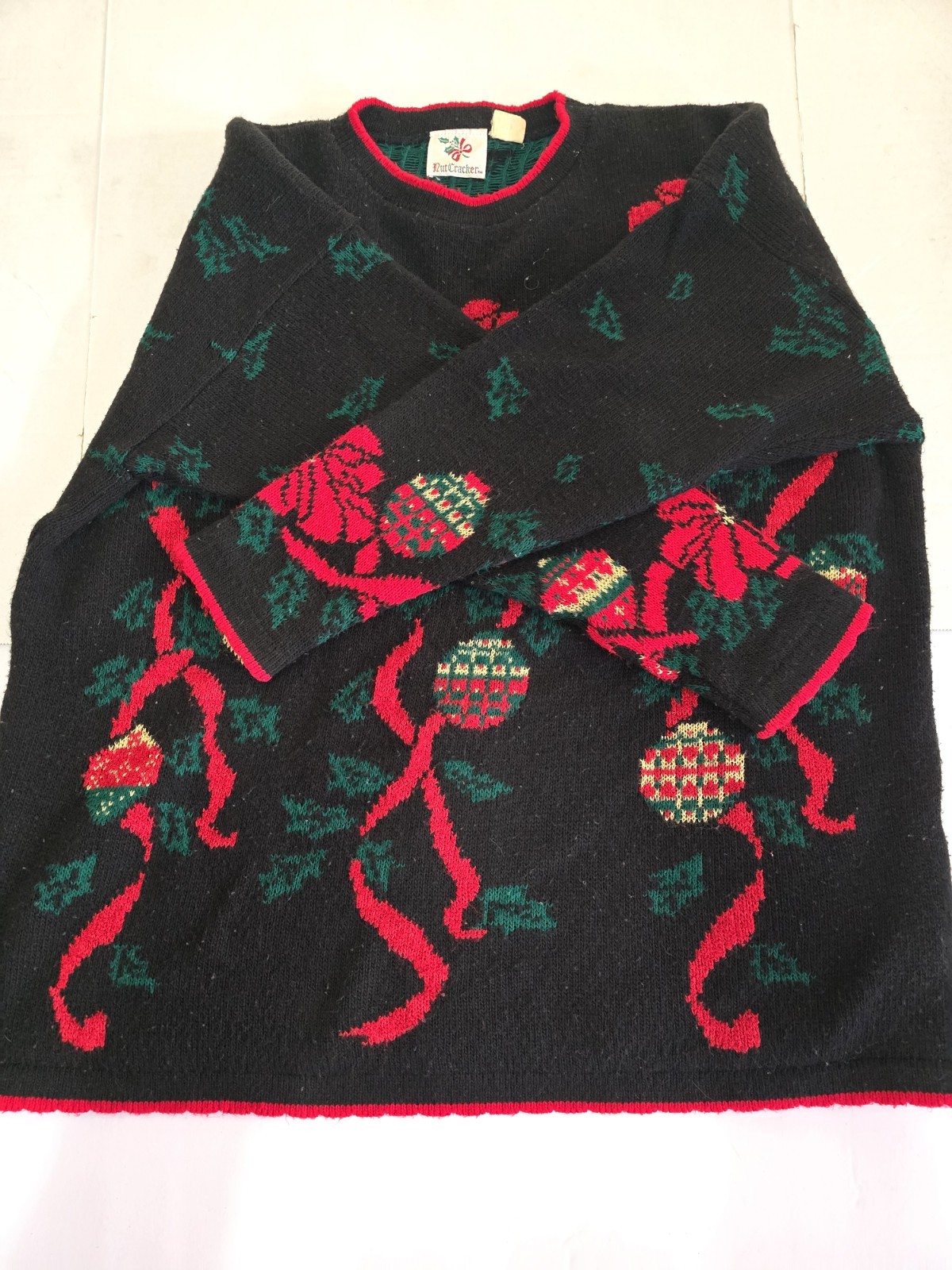 Vintage Nutcracker XL Holiday Sweater Bows Holly Ornament Grannycore