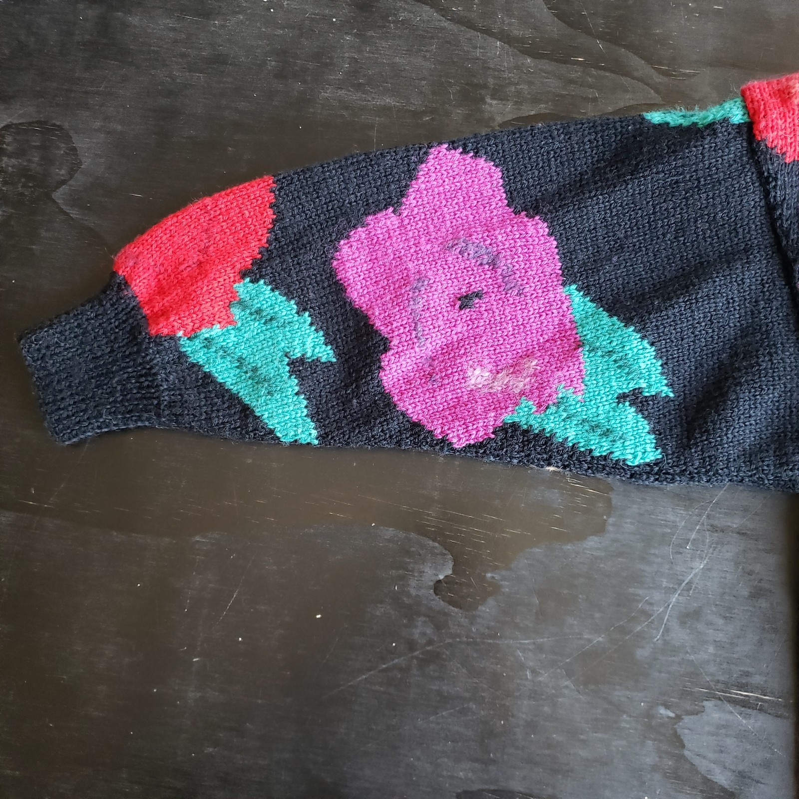 Vintage 80s Sweater M Wool & Mohair Black Bright Roses Stripes Made In England