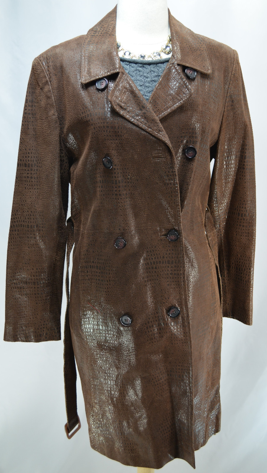 Marvin Richards Chocolate Brown Leather Reptile textured long coat trench VTG S