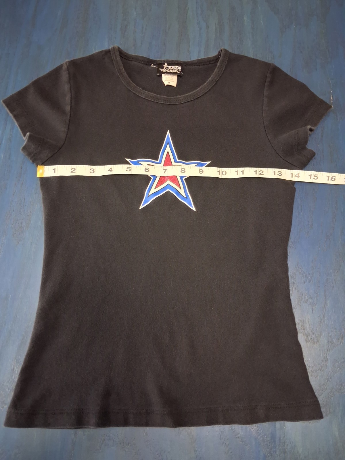 Vintage Y2K Betty Rocker Star Graphic Baby Tee Medium USA Distressed Defect