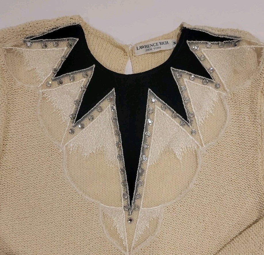 80s Ladies Sweater Lace Velvet Rhinestones Black Ivory Vtg Dressy Sz M New York