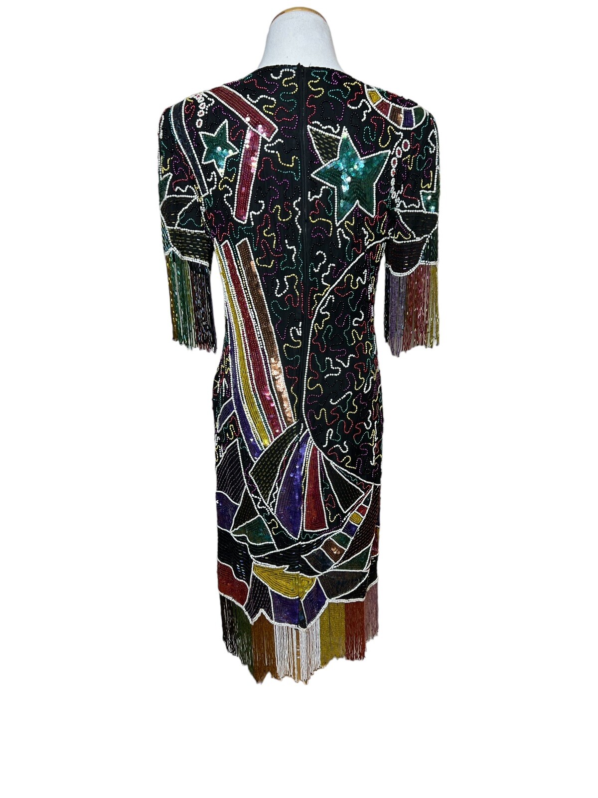 Vintage Beaded Sequin Party Dress Art Deco to Wear 80s Abstract Black Silk Sz S
