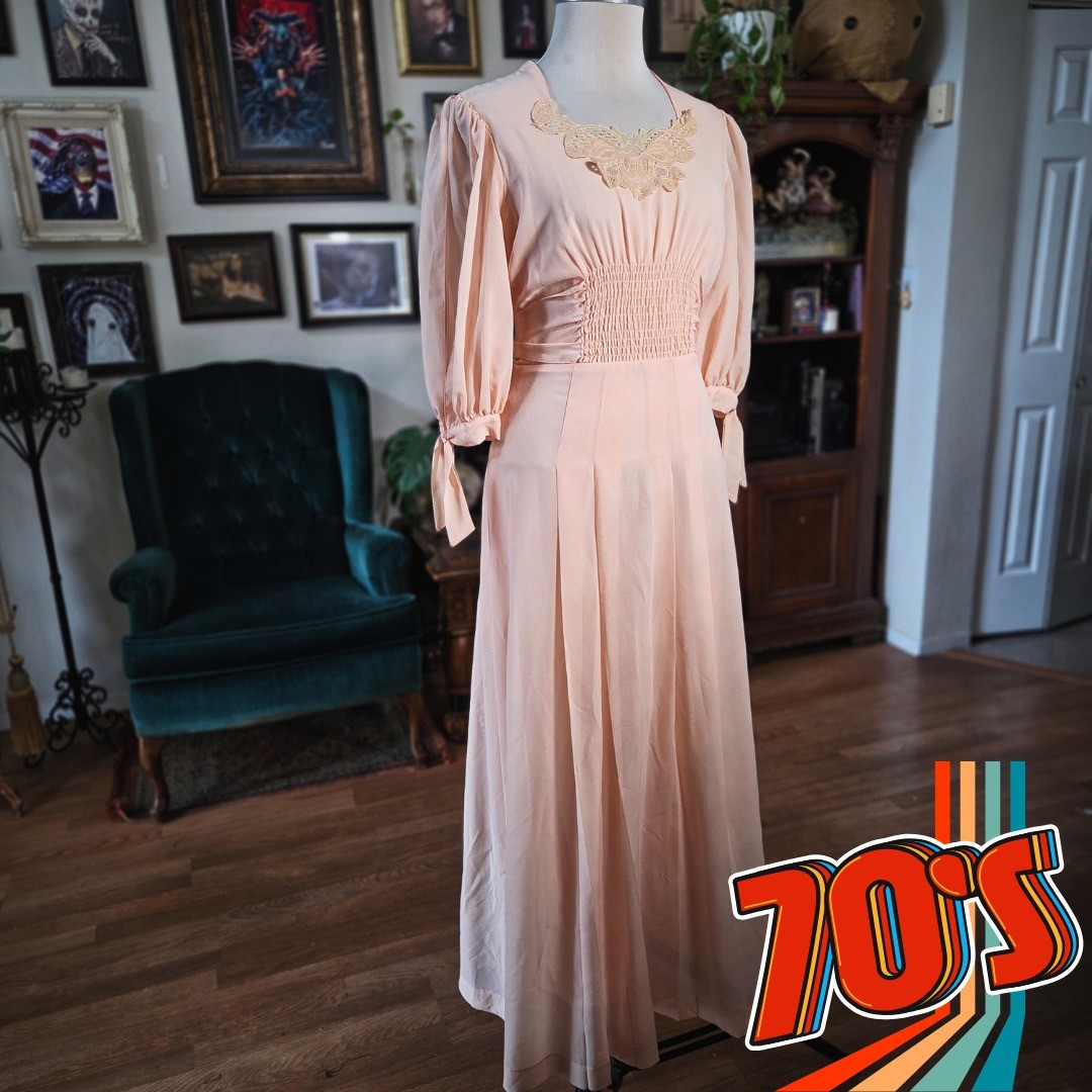 Malibu Media Maxi Dress Vintage 70s Peach Lace Smocked Waist Balloon Sleeve