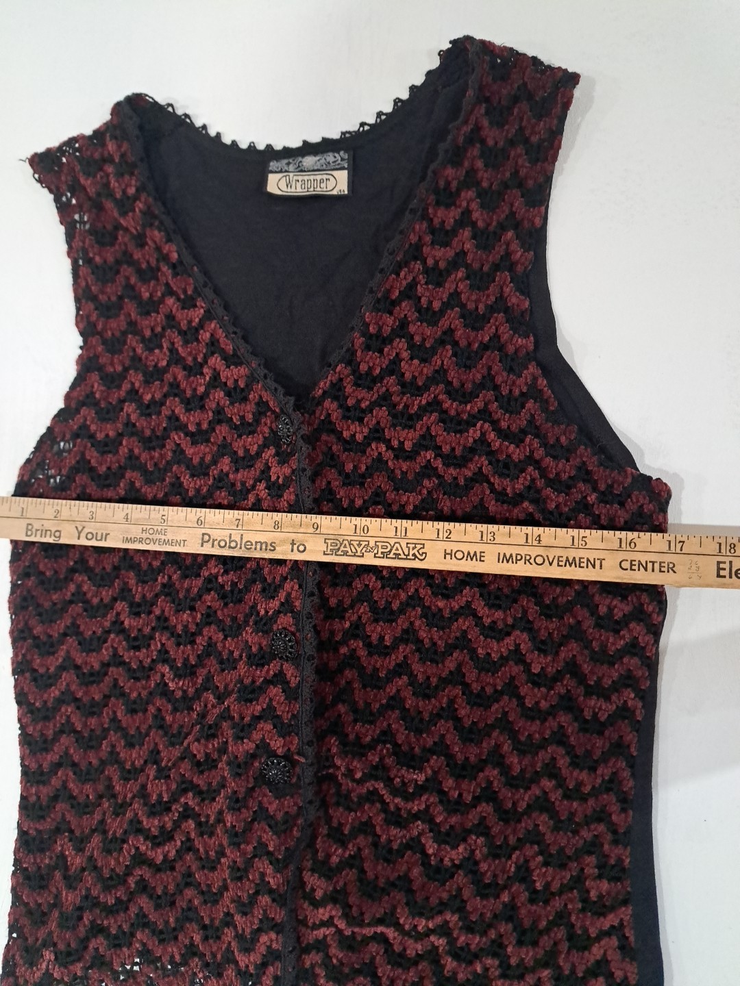 Vtg 90s Womens Knit Vest Whimsigoth Red Black Wrapper USA S/M Tie Back V Neck