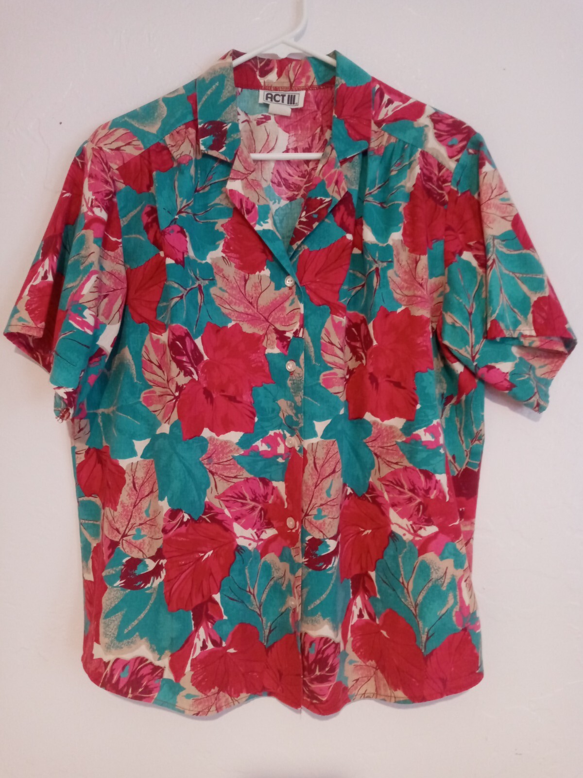 Vtg Act 3 Shirt Womens Large? Floral Blue Pink Colorful Beachy Casual Button Up