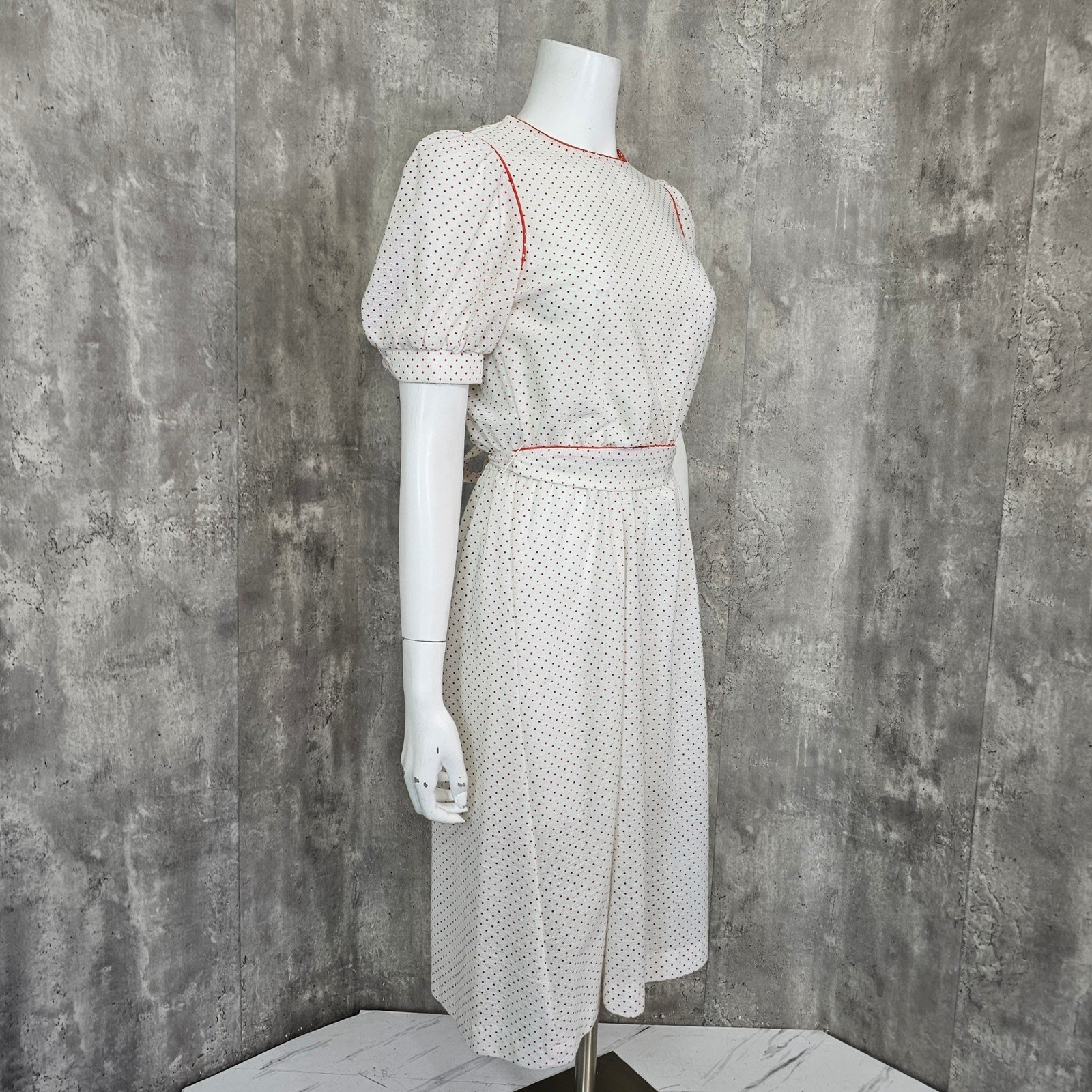 Vintage Sheer Crepe Nylon Red Polka Dot Puff Sleeve Cottagecore Prairie Dress