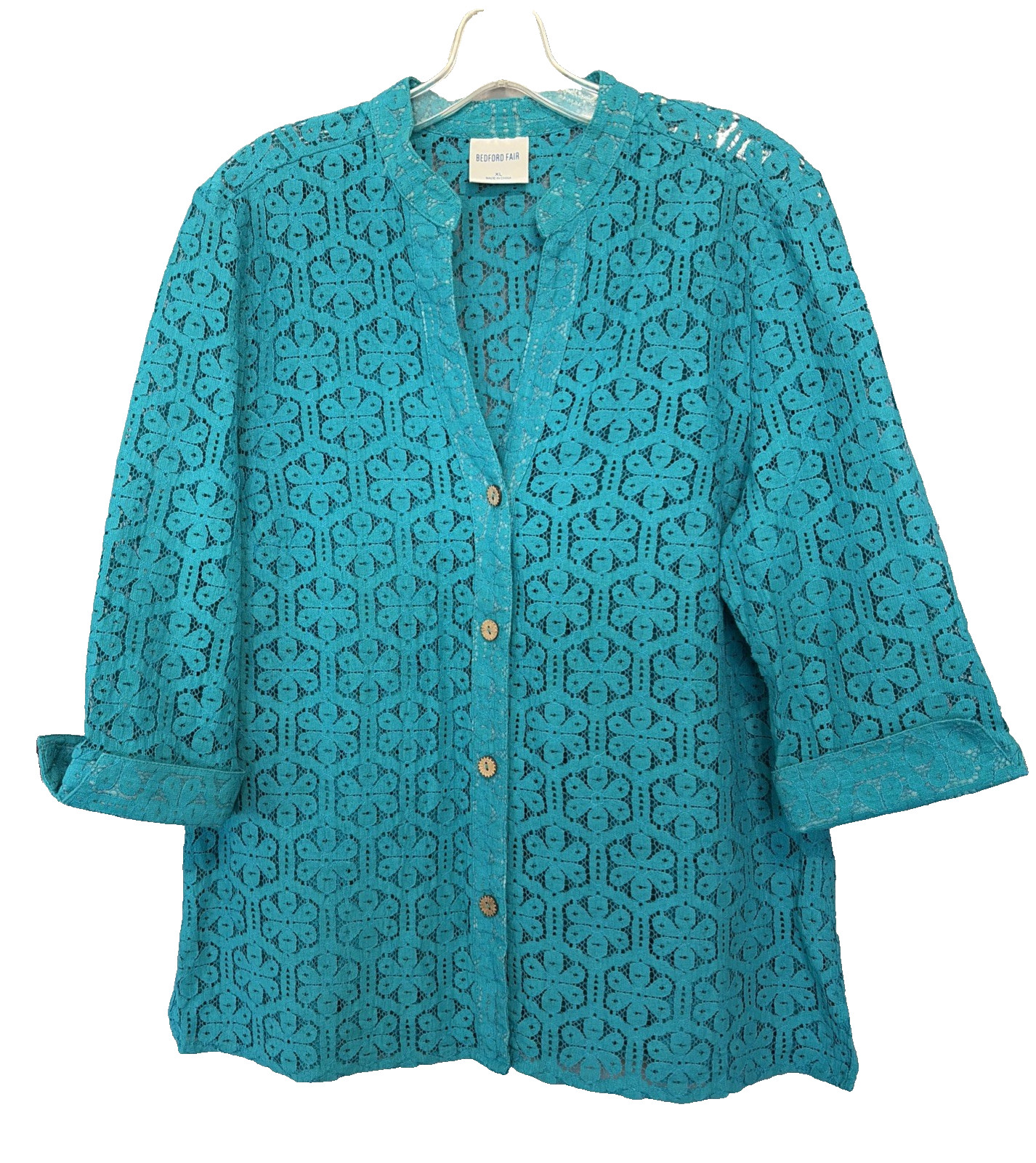 Lace Turquoise Jacket Cardigan Blouse Sz XL Bedford Fair Floral 3/4 Cuff Sleeve