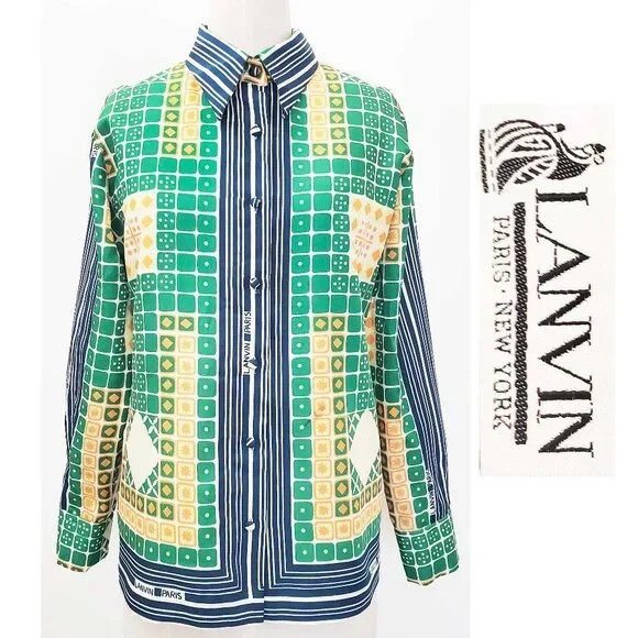 Vtg 1970’s LANVIN Paris Women’s LOGO SHIRT Geo Print Blouse