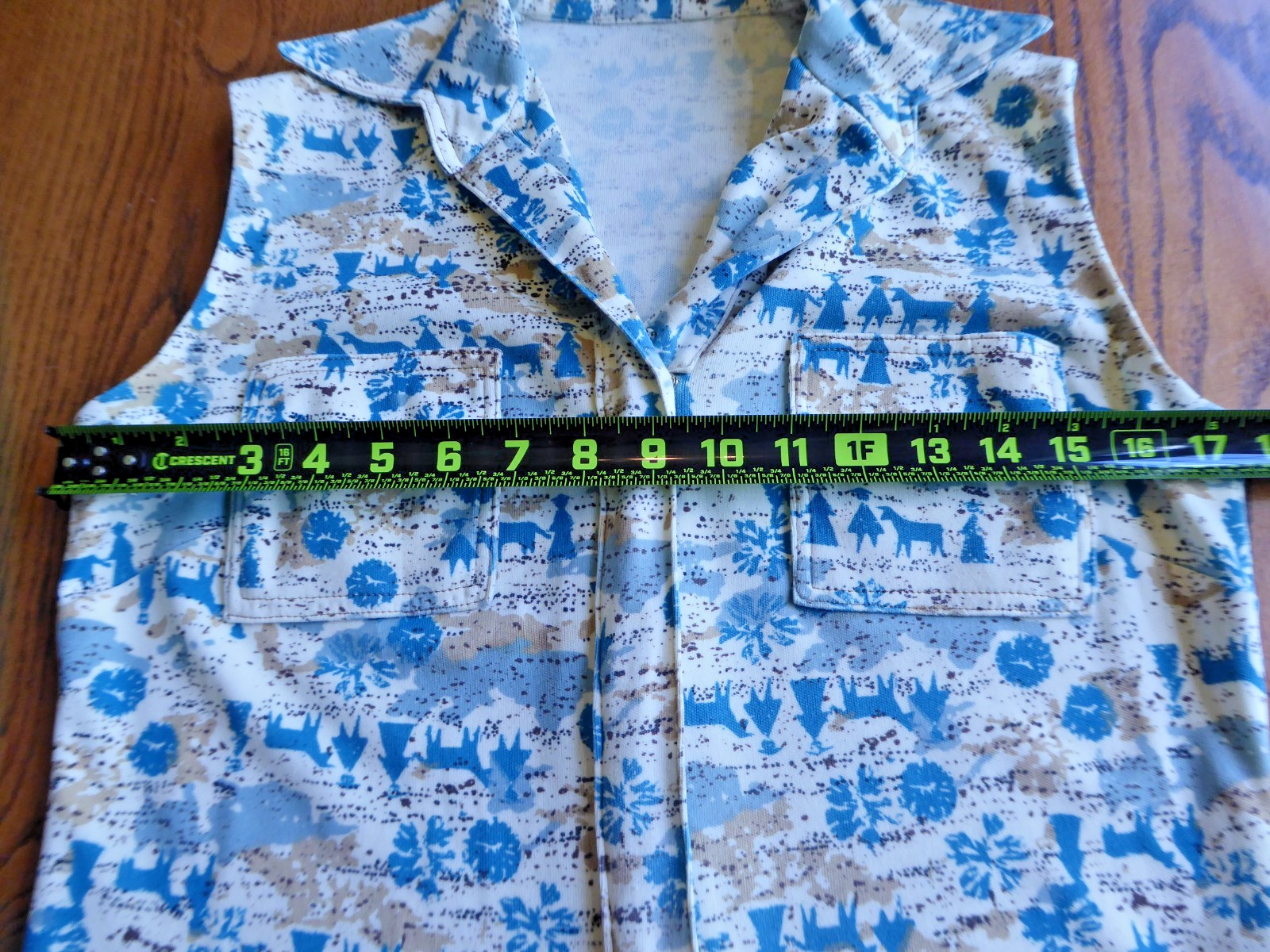 VTG 60s 70s Handmade Novelty Print Shift Dress Blue White Sleeveless Mod Small
