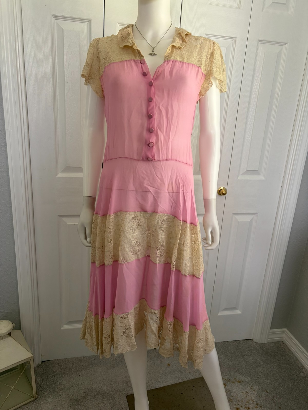 Vintage 30s 40s sheer pink lace trim dress coquette cottage