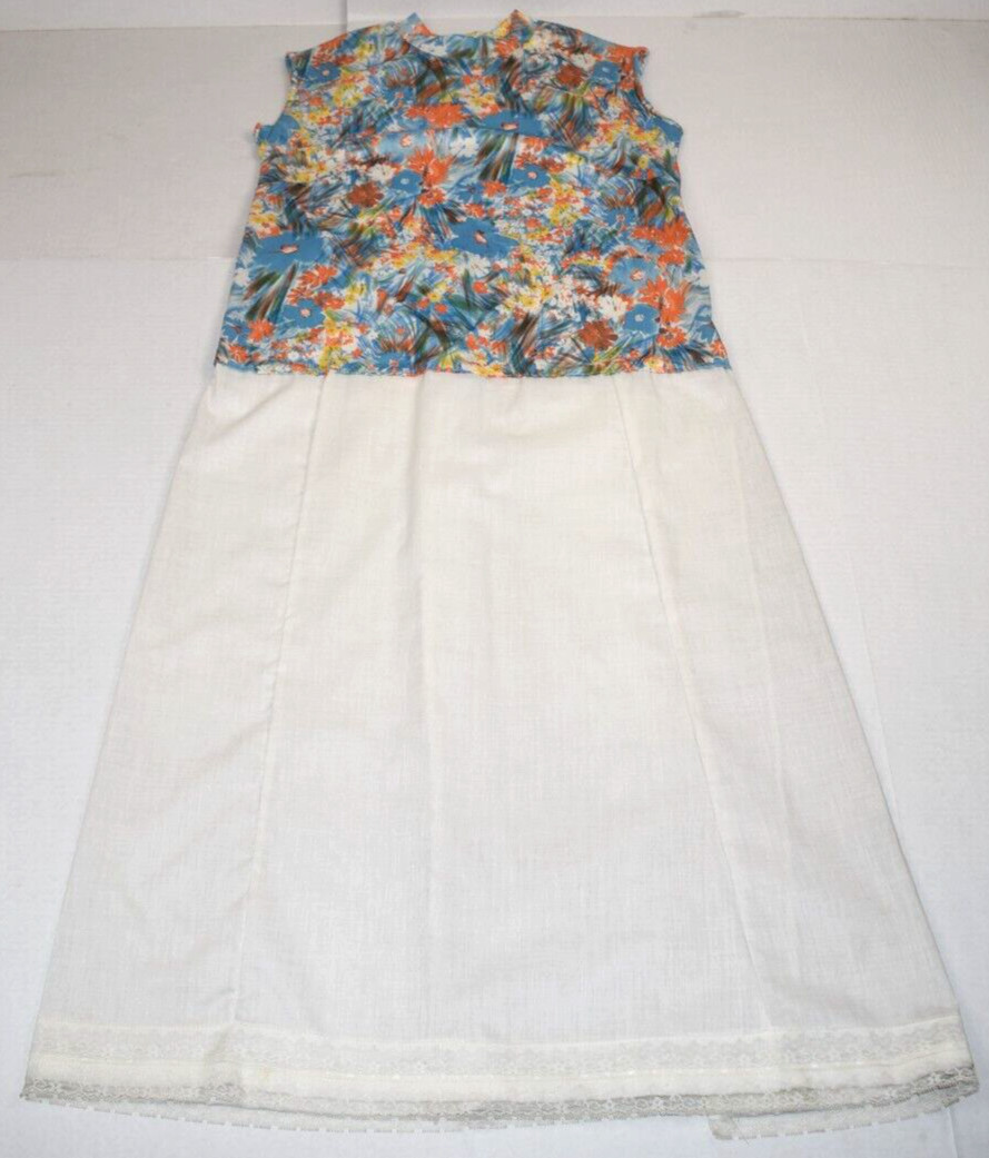 Vintage Midi Dress Blue Orange Yellow Size M 50s 60s Watercolor White Skirt Lace