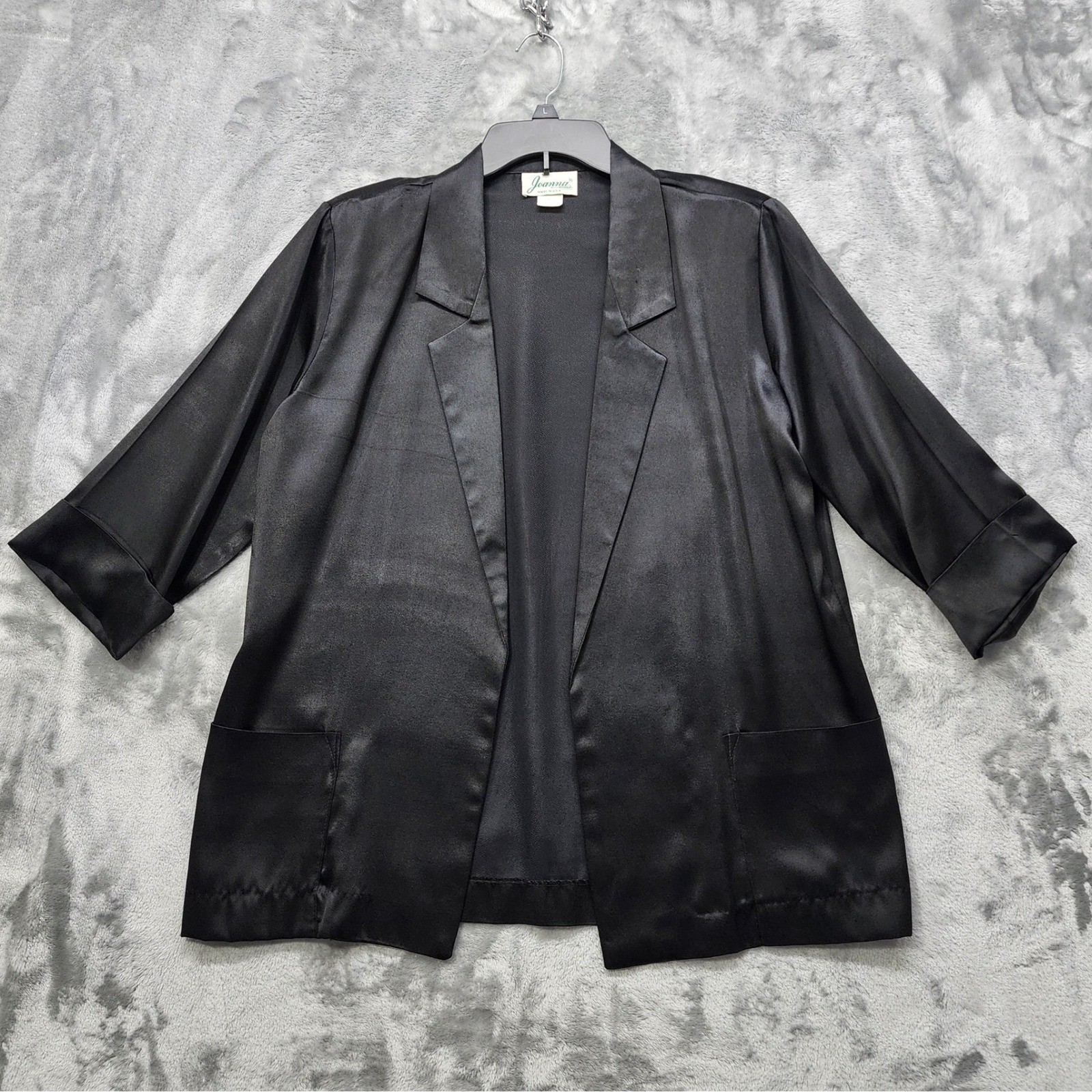 Vintage Joanna Blazer Womens S Black Satin Open Front Cuffed 3/4 Sleeve Tuxedo