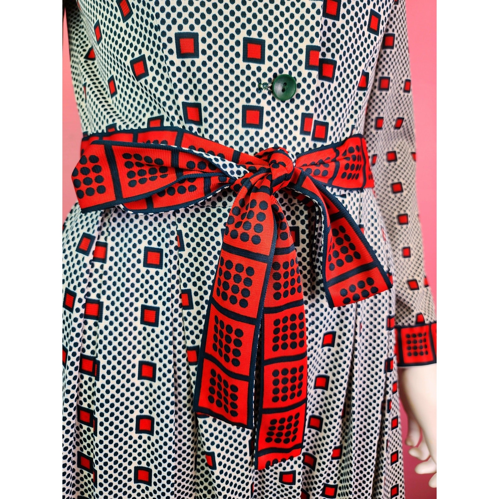 Vintage 1970’s Green and Red Checkered Dot Patterned Pleated Shirt Dress