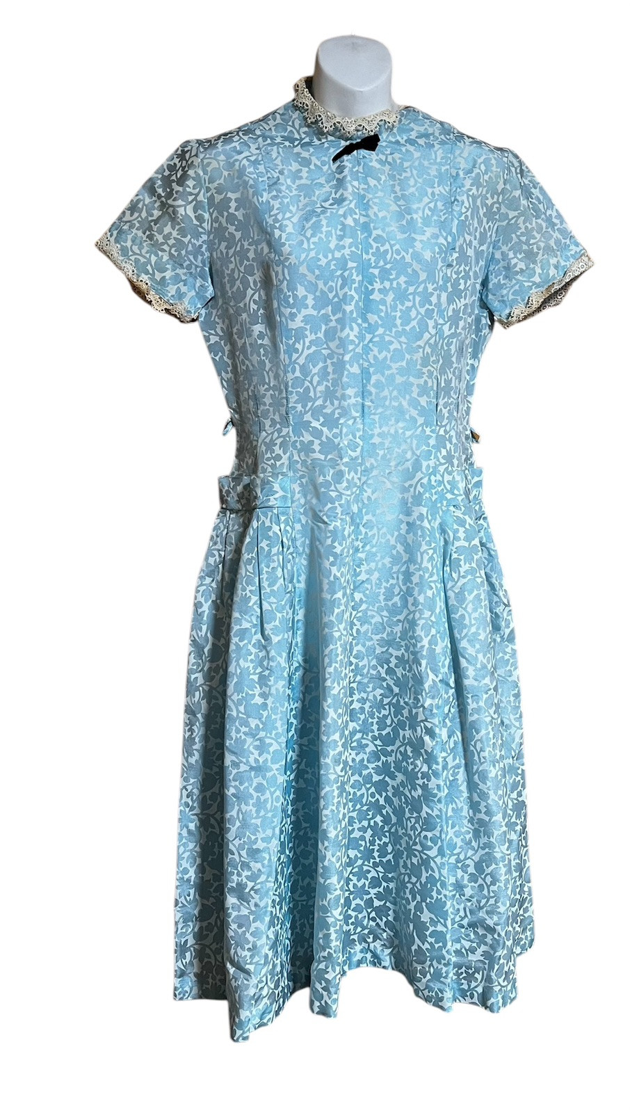 Vintage 1950’s Blue Satin Drop Waist Midi Party Prom Dress S/M Bobbin Lace Trim