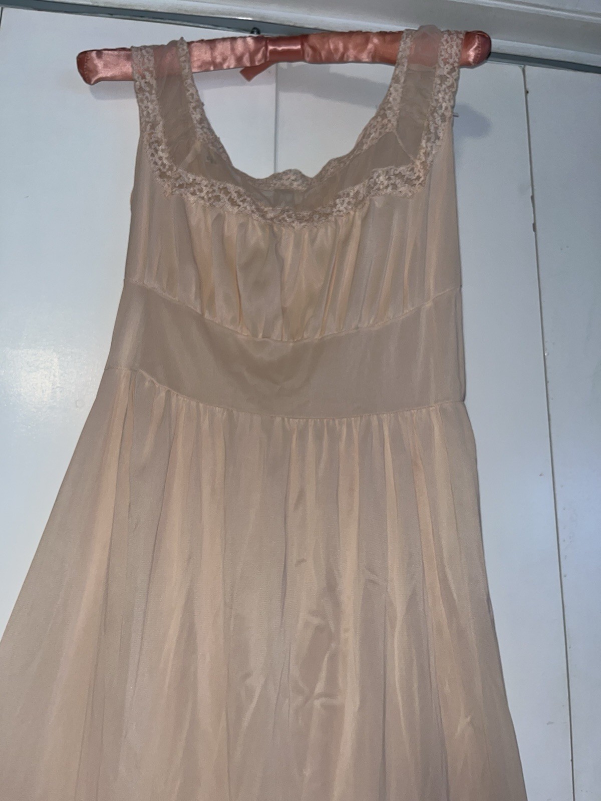 Vtg Countess Layne Peach Pink Nightgown 36 Bridal Chiffon Lace Blush Full Slip