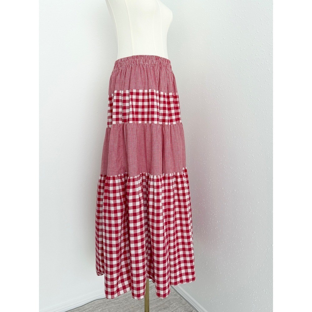 Vtg Red Gingham Plaid Patchwork Tiered Maxi Skirt Cottagecore Prairie Boho (S-L)