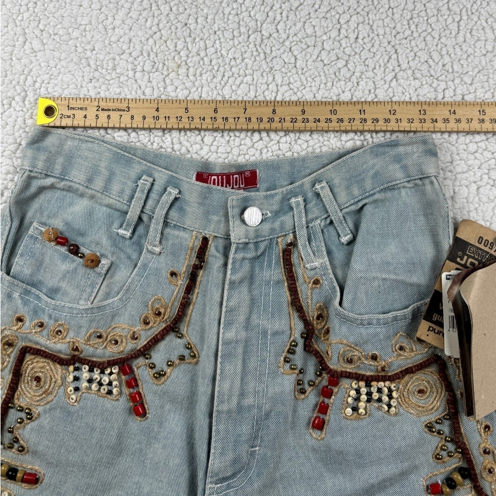 Joujou Vintage 90s Beaded Embroidered Denim Shorts Light Wash Boho Size 7/8