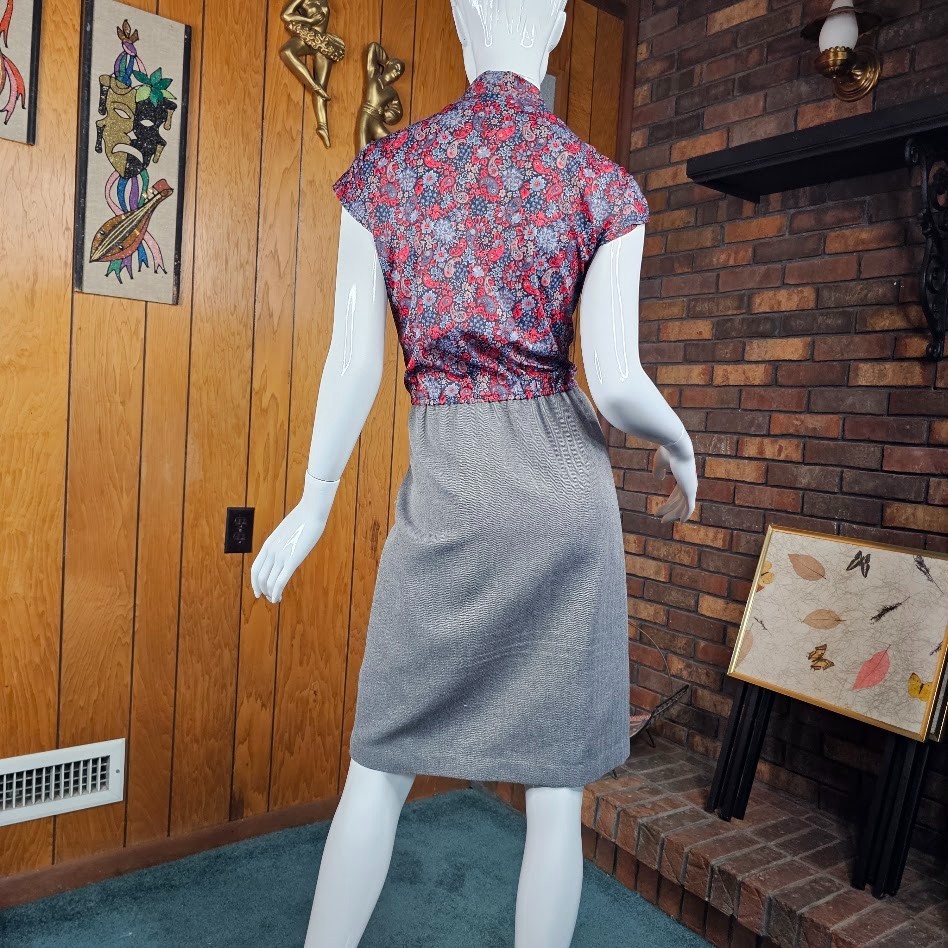Vtg 80s Pussy Bow Power Suit Paisley Floral Dress w/ Blazer Secretary Dress M