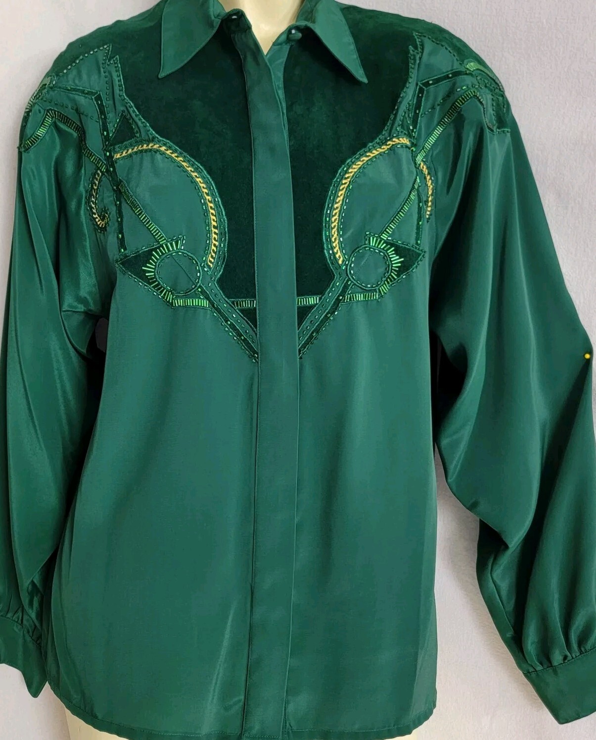 VTG Western Cowgirl Rodeo Baroque Sequin Suede Beaded Embroidery Blouse Green M