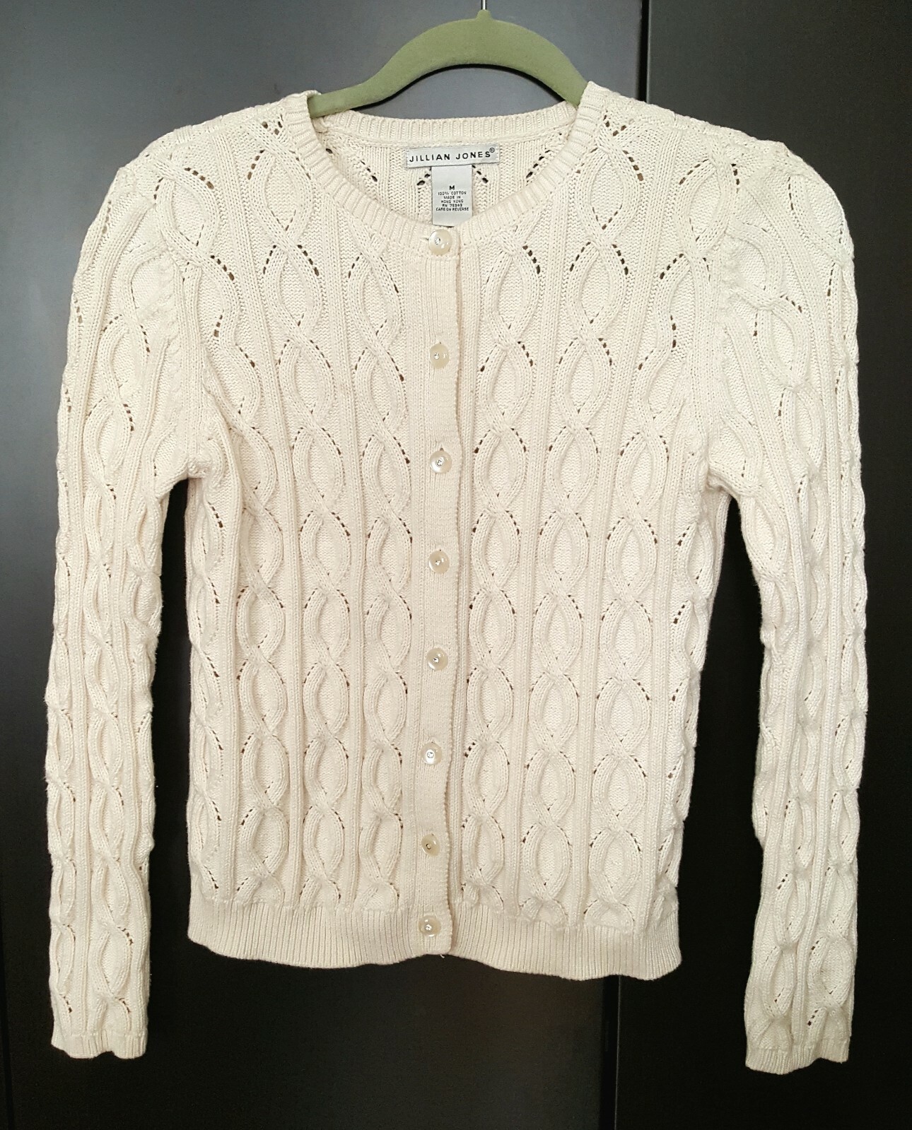 Vintge Jillian Jones Ivory Cotton Sweater Cardigan Rhineston Button M See Measur