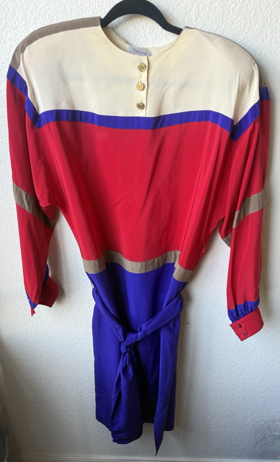 Vintage Francesca Of Damon Starington 100% Silk 1980s Color Block Dress Size 12
