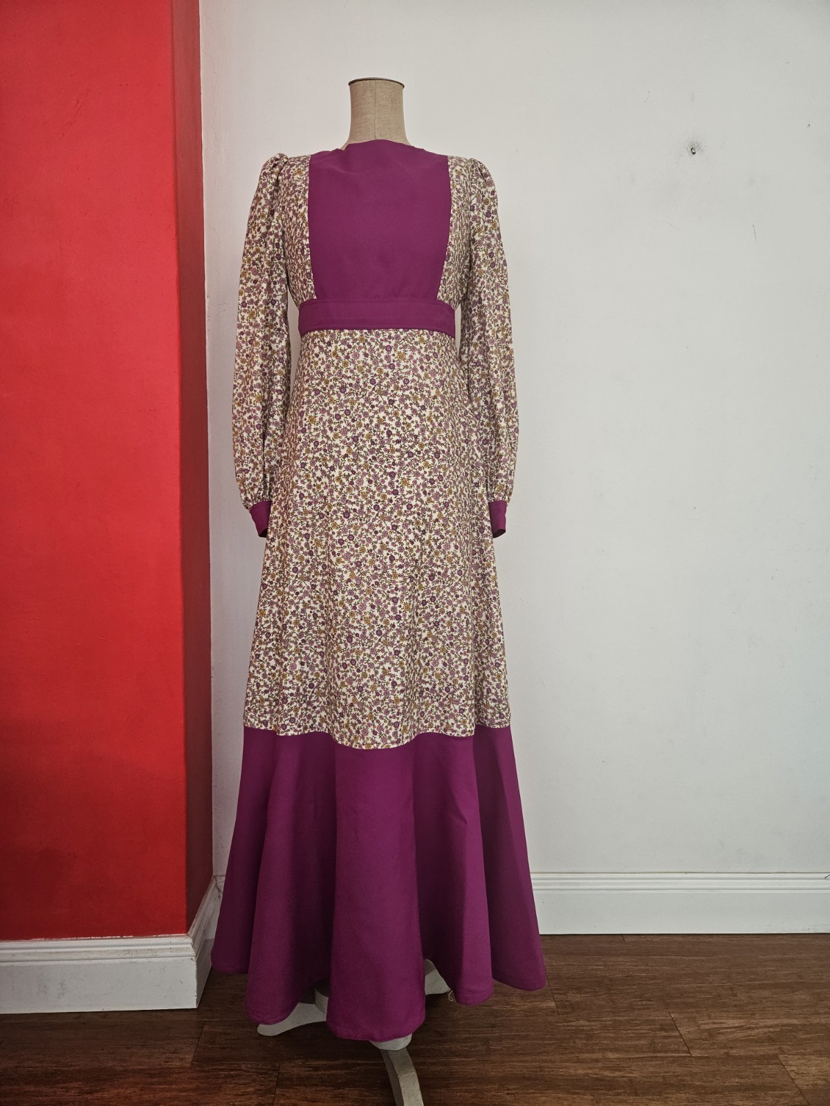 Vintage 70s Maxi Dress Cotton Floral Purple Amish Bridesmaid Hippie Wedding Sz S