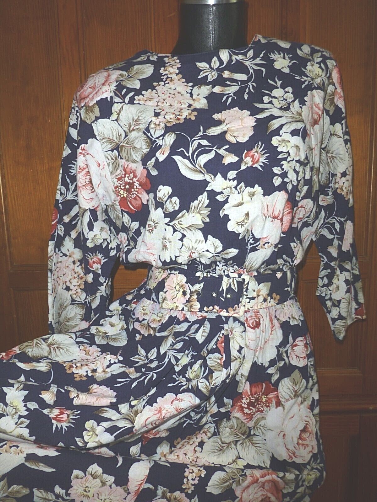 VTG 80s Floral Garden Print Cotton Boho Country Batwing Slv Midi belted DRESS M