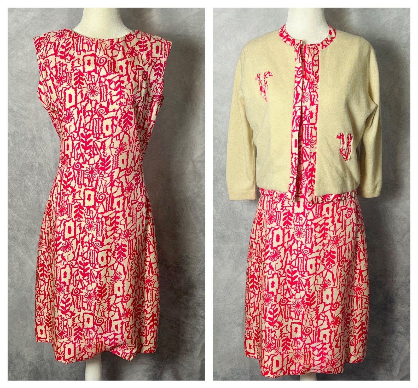 Vintage 1960’s Doncaster Pink & White Silk Shift Dress w/ Cashmere Cardigan Sz M