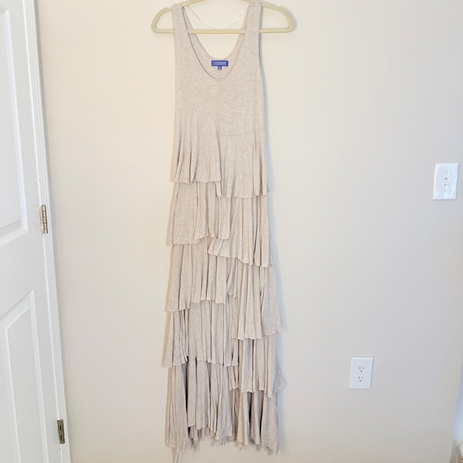 VTG Vivienne Tam 100% Modal Cream Maxi Dress Tiered Asymmetrical Hem Y2K SZ S