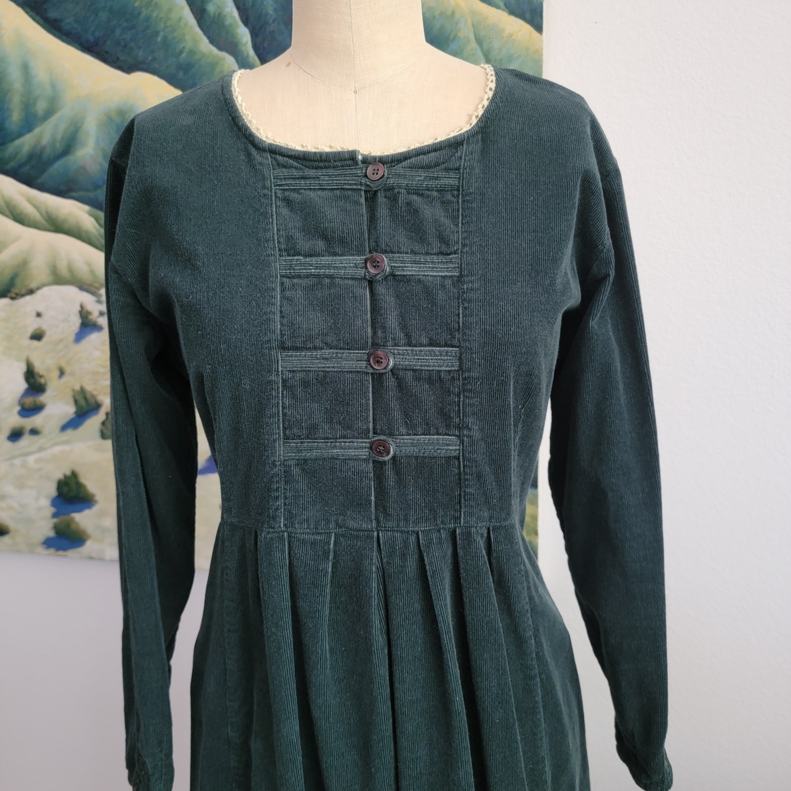 Vintage Corduroy Green Midi 10/L Dress Renaissance Festival Prairie Boho Cottage