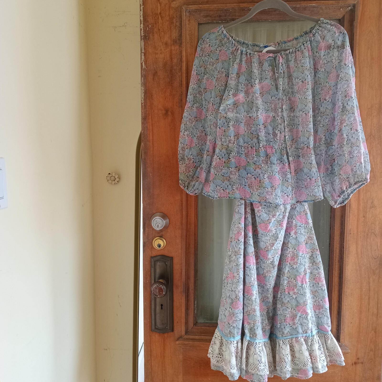 Vintage 70s Pastel Blue Floral 2 Piece Shirt Skirt Set S Hippie Boho Festival S