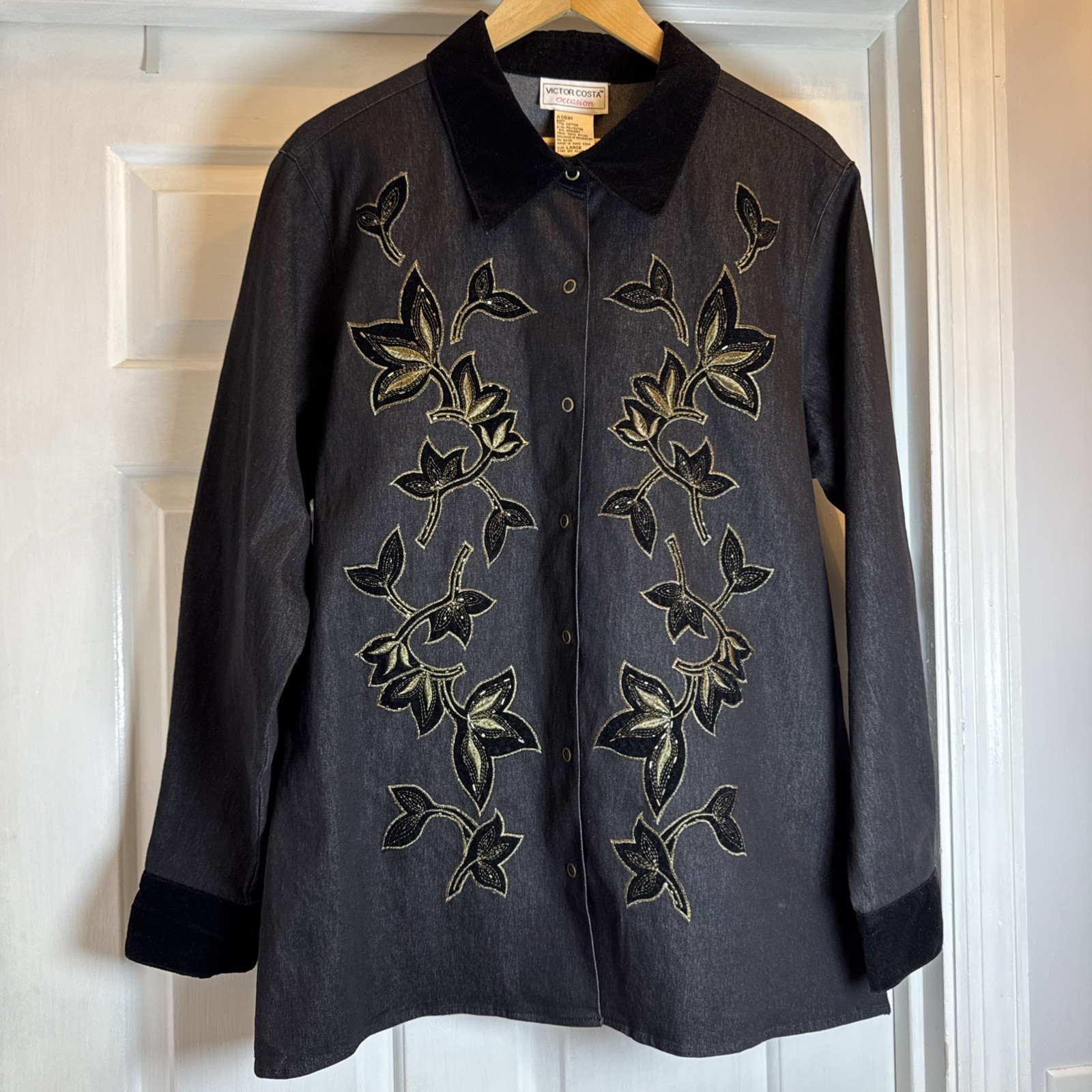 Victor Costa Black Denim Velvet Collar/ Cuff Gold Embroidery Jacket Shirt Size L