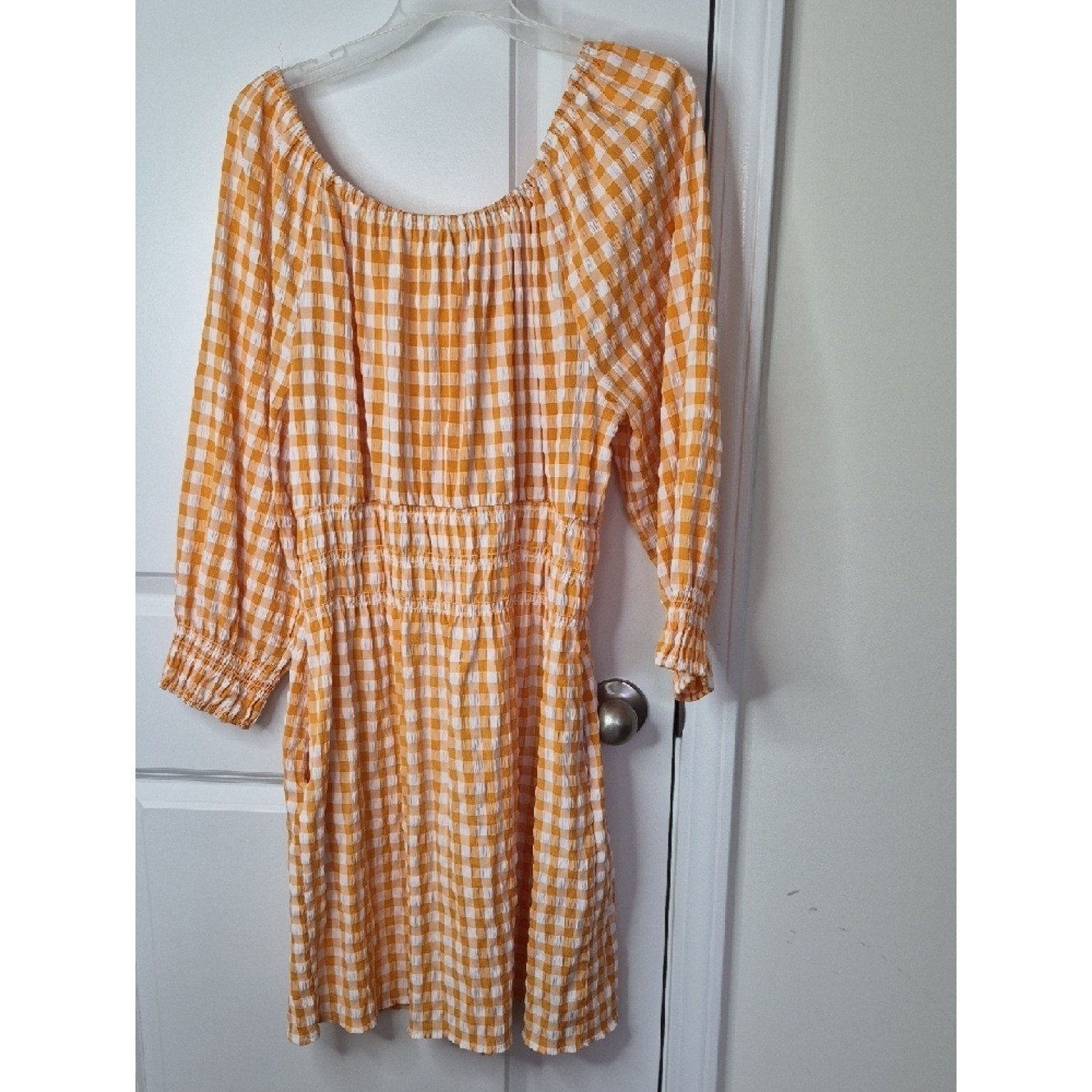 C Est 1946 Women’s Of Shoulder Mini Dress Orange Checkered Size XL